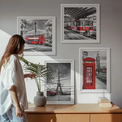 Set van posters met lijst iconische steden Londen en Parijs spoorwegthema