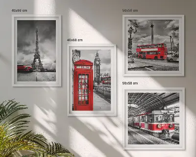 Set van posters met lijst iconische steden Londen en Parijs spoorwegthema