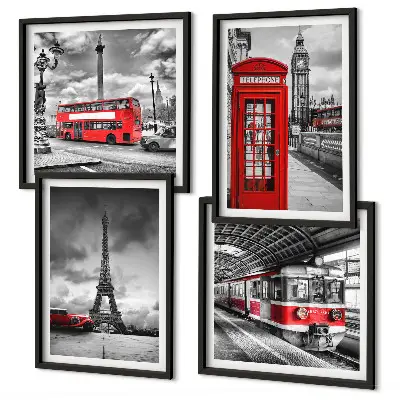 Set van posters met lijst iconische steden Londen en Parijs spoorwegthema
