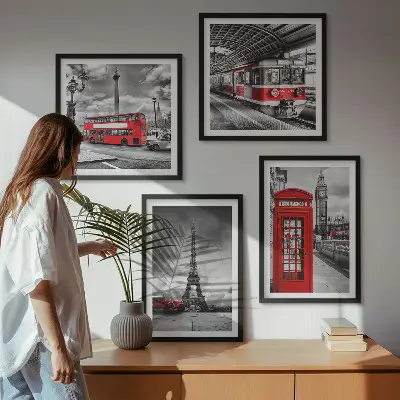 Set van posters met lijst iconische steden Londen en Parijs spoorwegthema