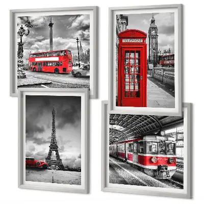 Set van posters met lijst iconische steden Londen en Parijs spoorwegthema