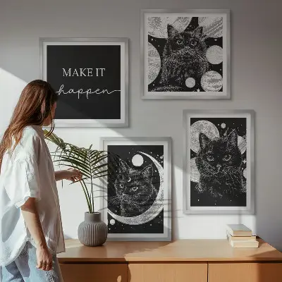 Zwarte katten met maan en planeet meerluik in lijst