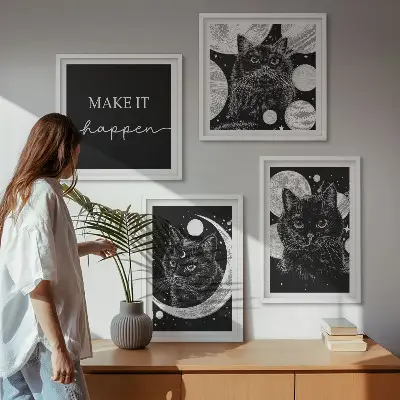 Zwarte katten met maan en planeet meerluik in lijst