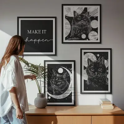 Zwarte katten met maan en planeet meerluik in lijst