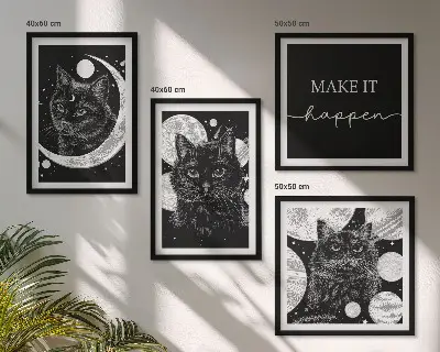 Zwarte katten met maan en planeet meerluik in lijst