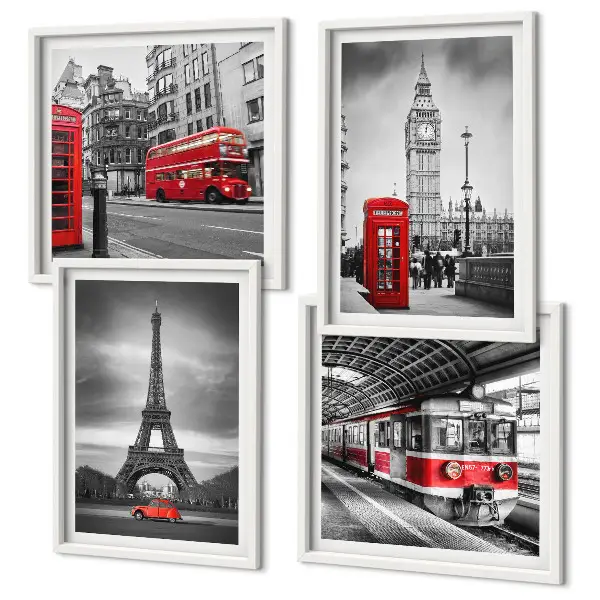 Set posters met lijst met afbeelding van rode bussen in de stad