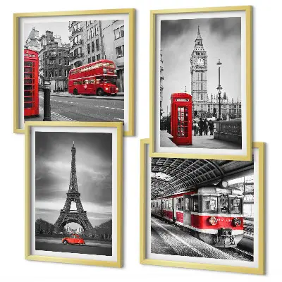 Set posters met lijst met afbeelding van rode bussen in de stad