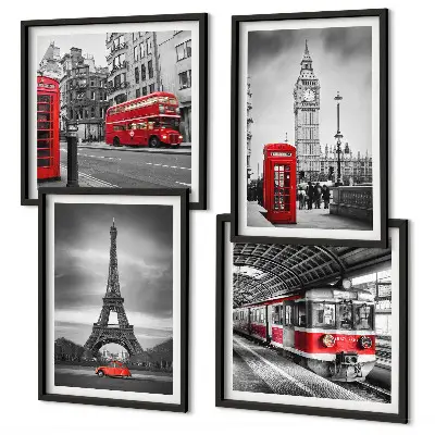 Set posters met lijst met afbeelding van rode bussen in de stad