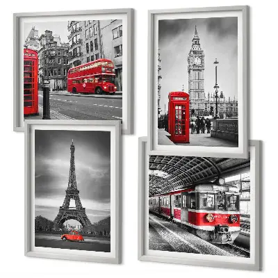 Set posters met lijst met afbeelding van rode bussen in de stad