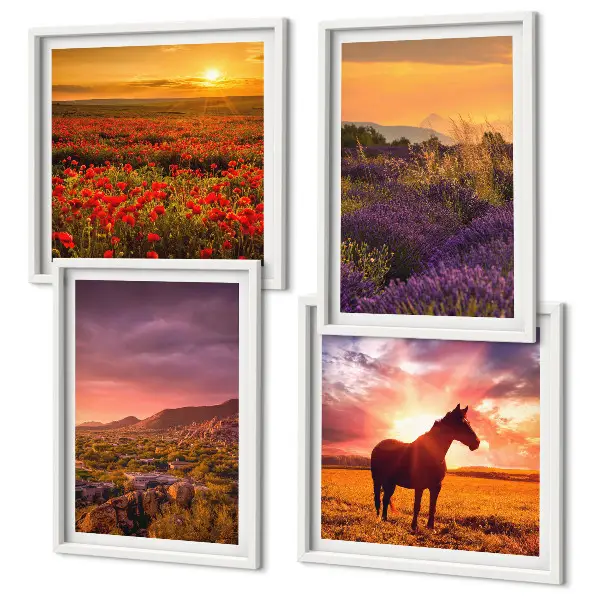 Set posters met lijst berglandschap met paard en lavendel