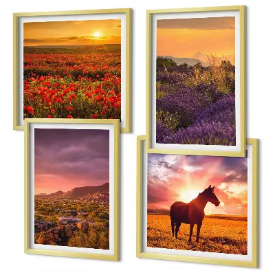 Set posters met lijst berglandschap met paard en lavendel