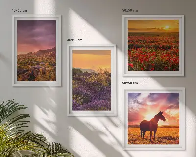 Set posters met lijst berglandschap met paard en lavendel
