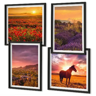 Set posters met lijst berglandschap met paard en lavendel