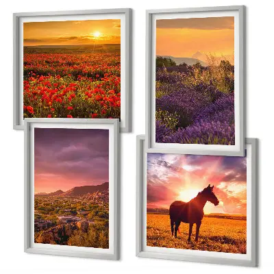 Set posters met lijst berglandschap met paard en lavendel