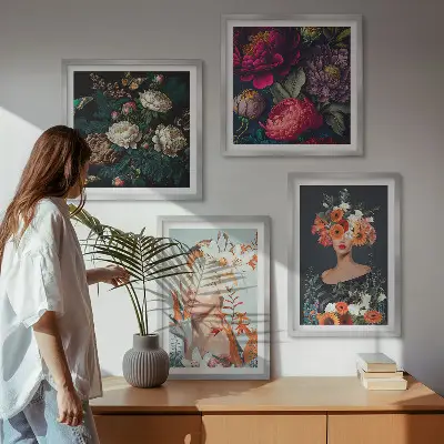 Bloemenportretten met boeketten en bladeren meerluik in lijst