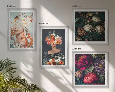 Bloemenportretten met boeketten en bladeren meerluik in lijst