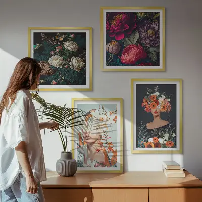 Bloemenportretten met boeketten en bladeren meerluik in lijst
