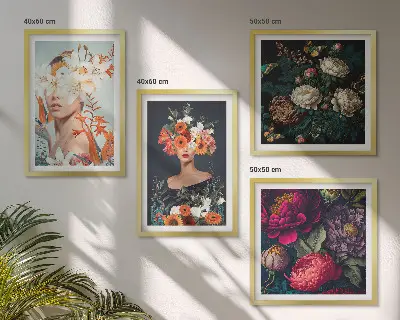 Bloemenportretten met boeketten en bladeren meerluik in lijst