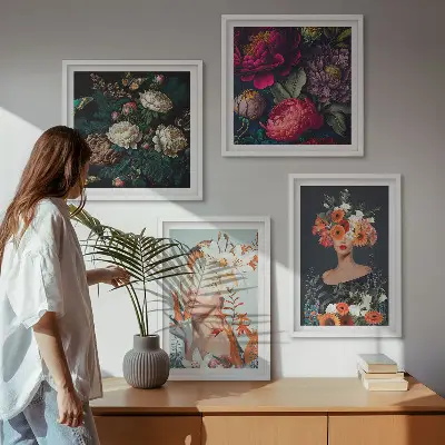 Bloemenportretten met boeketten en bladeren meerluik in lijst