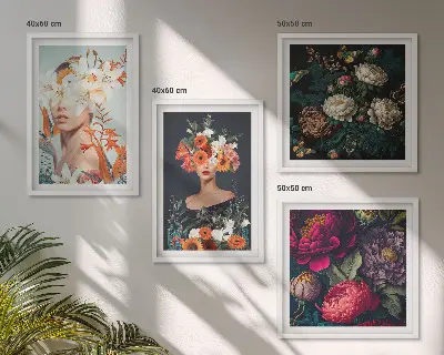 Bloemenportretten met boeketten en bladeren meerluik in lijst