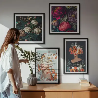 Bloemenportretten met boeketten en bladeren meerluik in lijst