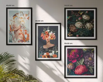Bloemenportretten met boeketten en bladeren meerluik in lijst