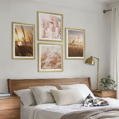 Boho grasveld zonsondergang set van posters met lijst