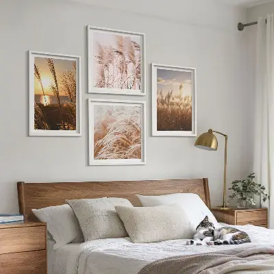 Boho grasveld zonsondergang set van posters met lijst