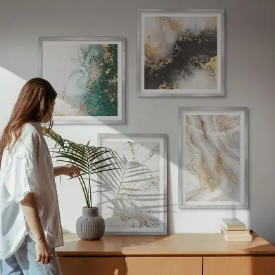 Set posters met lijst met abstracte patronen in wit, zwart en groen