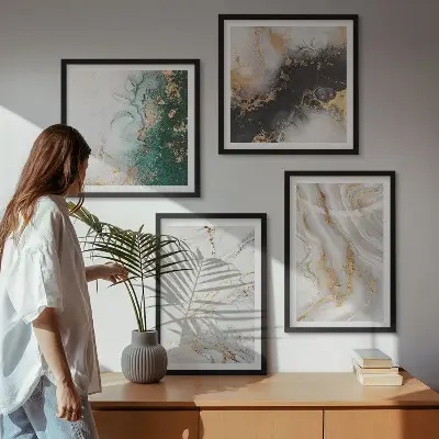 Set posters met lijst met abstracte patronen in wit, zwart en groen