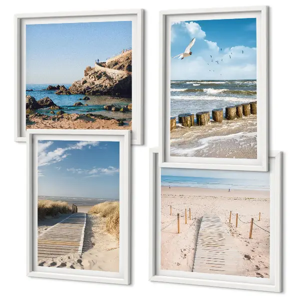 Meerluik in lijst strand met zand, golven, lucht en vogels