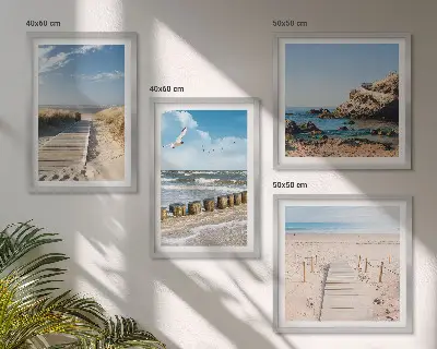 Meerluik in lijst strand met zand, golven, lucht en vogels