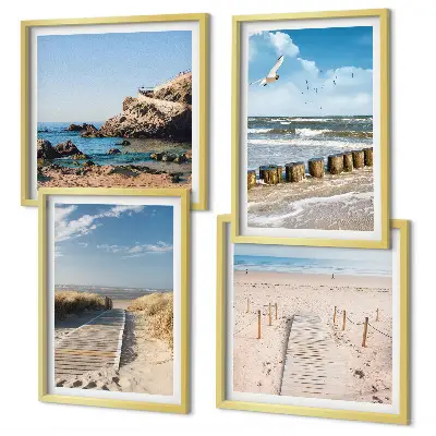 Meerluik in lijst strand met zand, golven, lucht en vogels