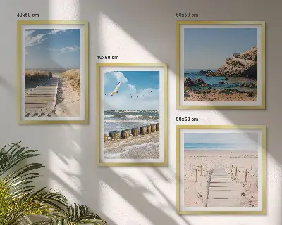 Meerluik in lijst strand met zand, golven, lucht en vogels