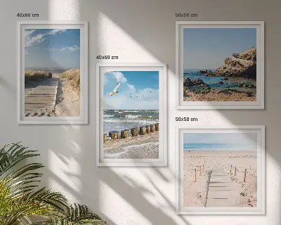 Meerluik in lijst strand met zand, golven, lucht en vogels