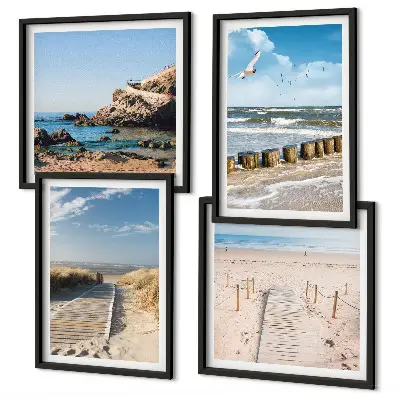 Meerluik in lijst strand met zand, golven, lucht en vogels