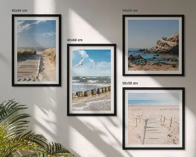 Meerluik in lijst strand met zand, golven, lucht en vogels