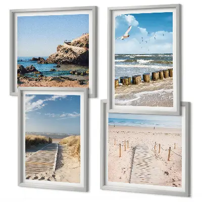 Meerluik in lijst strand met zand, golven, lucht en vogels