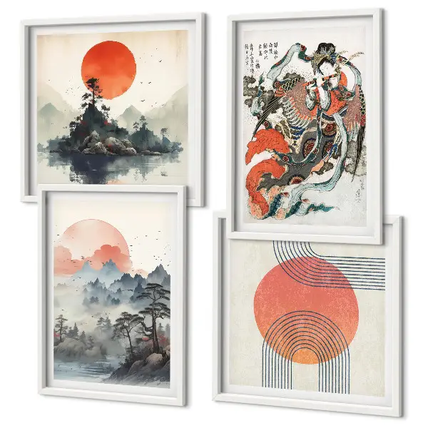 Set van posters met lijst met Aziatische landschappen in Japandi-stijl
