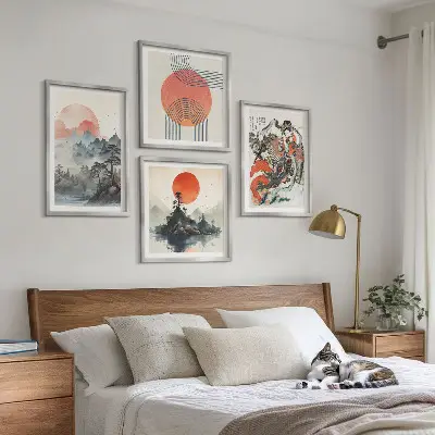 Set van posters met lijst met Aziatische landschappen in Japandi-stijl