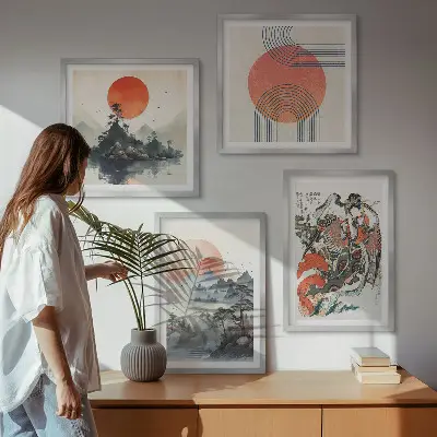 Set van posters met lijst met Aziatische landschappen in Japandi-stijl