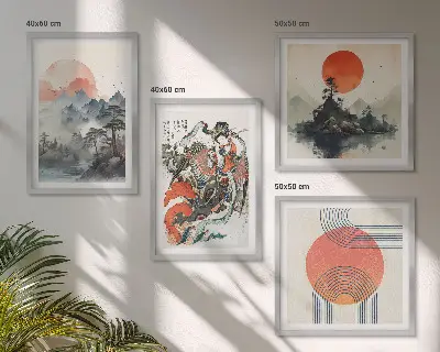 Set van posters met lijst met Aziatische landschappen in Japandi-stijl