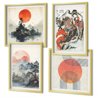 Set van posters met lijst met Aziatische landschappen in Japandi-stijl