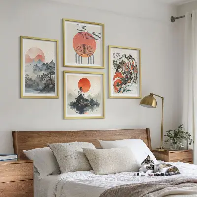 Set van posters met lijst met Aziatische landschappen in Japandi-stijl