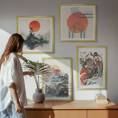 Set van posters met lijst met Aziatische landschappen in Japandi-stijl