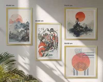 Set van posters met lijst met Aziatische landschappen in Japandi-stijl