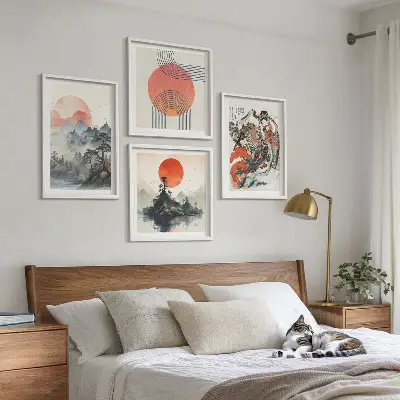 Set van posters met lijst met Aziatische landschappen in Japandi-stijl