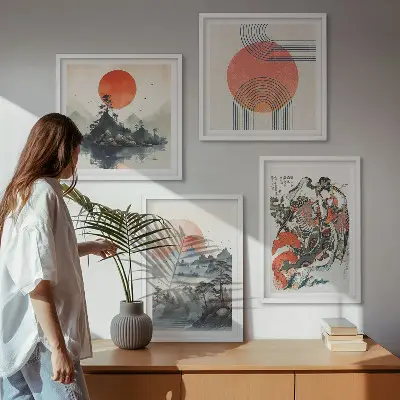 Set van posters met lijst met Aziatische landschappen in Japandi-stijl