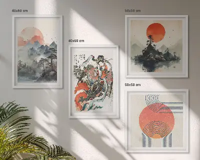 Set van posters met lijst met Aziatische landschappen in Japandi-stijl