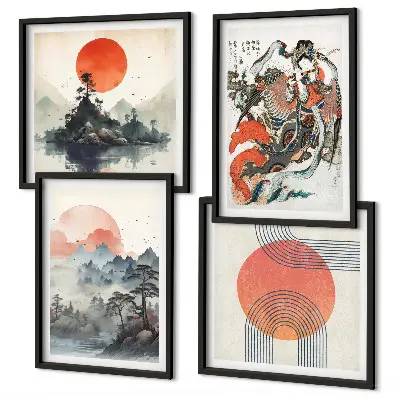 Set van posters met lijst met Aziatische landschappen in Japandi-stijl